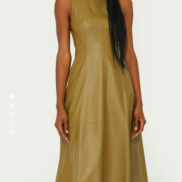 BNWT Stradivarius Olive Faux Leather Flare Midi Dress Sz L Sleek Look Night Out - Picture 1 of 9